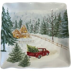 Holiday Maxcera SNOWVILLE Square Dinner Plate 11" Winter Snowy Red Old Truck